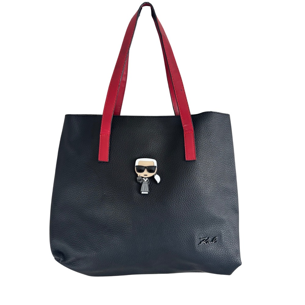 Karl Lagerfeld Paris Black Pebbled Tote Bag with Red Straps and Karl Patch